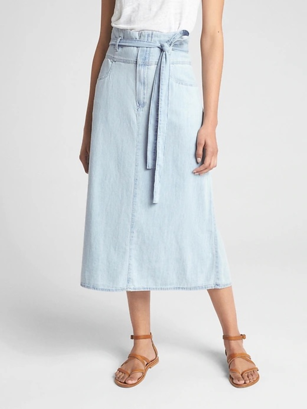 GAP Chambray Light Wash Denim Paper Bag Tie Waist Midi Skirt with Pockets 8 NEW